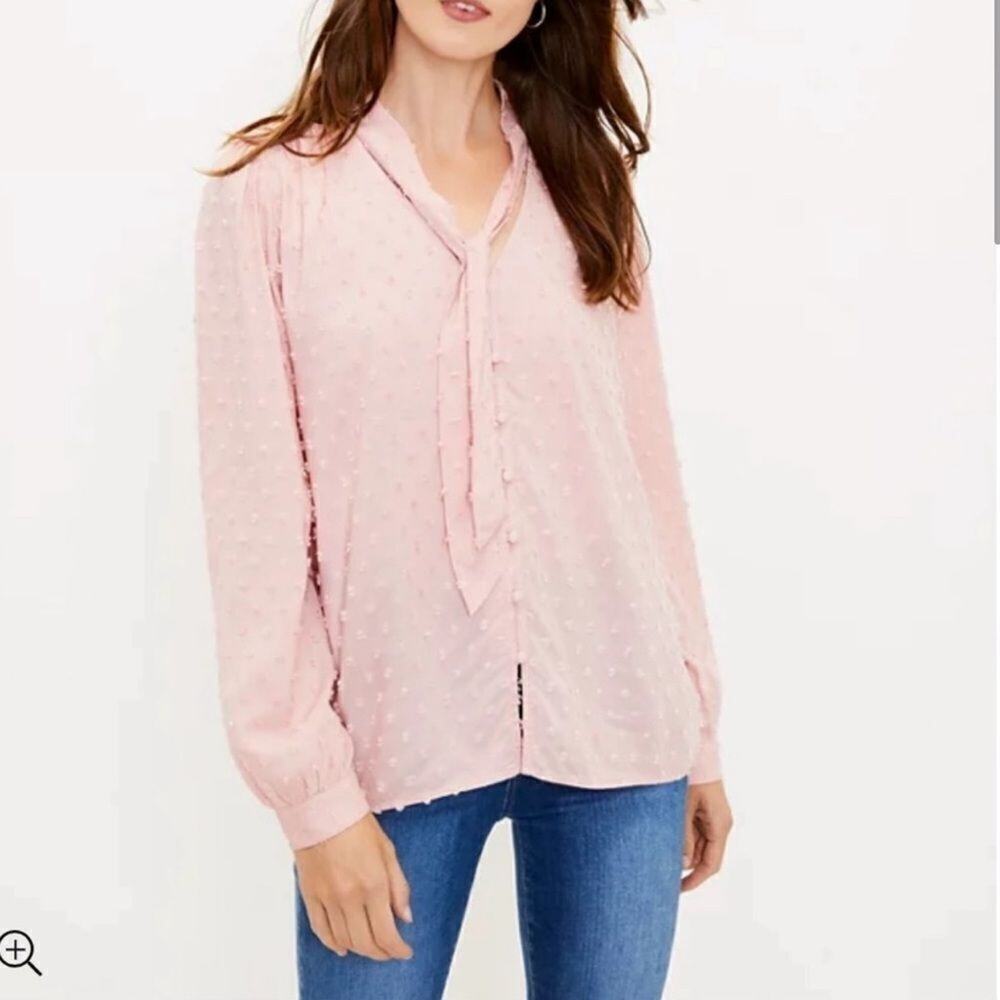 LOFT Dusty Pink Clip Bow Swiss Dot Neck Tie Blouse M
